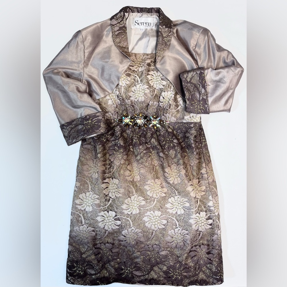Serena London 2pc Special Occasion Dress Brown & Gold Lace Beaded Fall Size 12